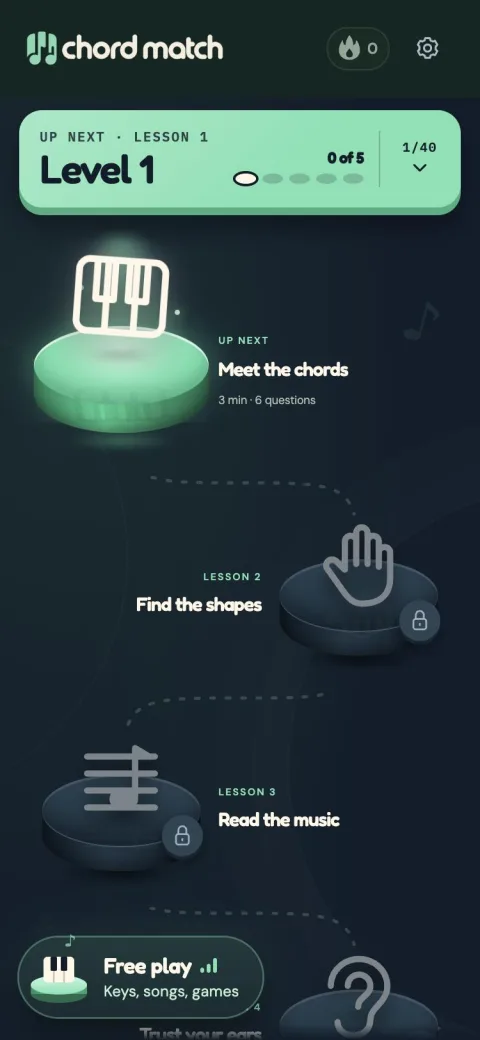 Chord Match on a phone, open on the Level 1 lesson path