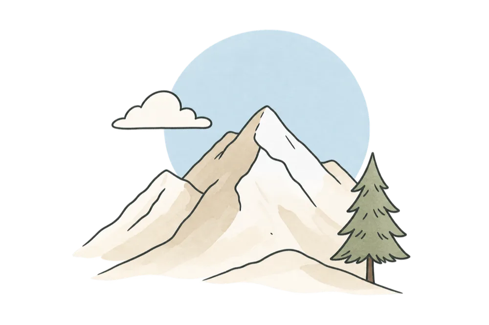 Watercolor sketch of mountains under a pastel blue sun, with a pine tree