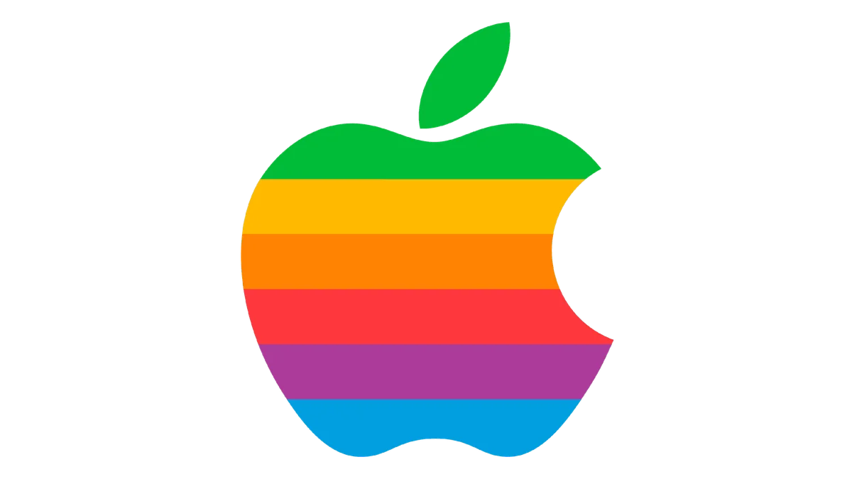 The retro rainbow-striped Apple logo